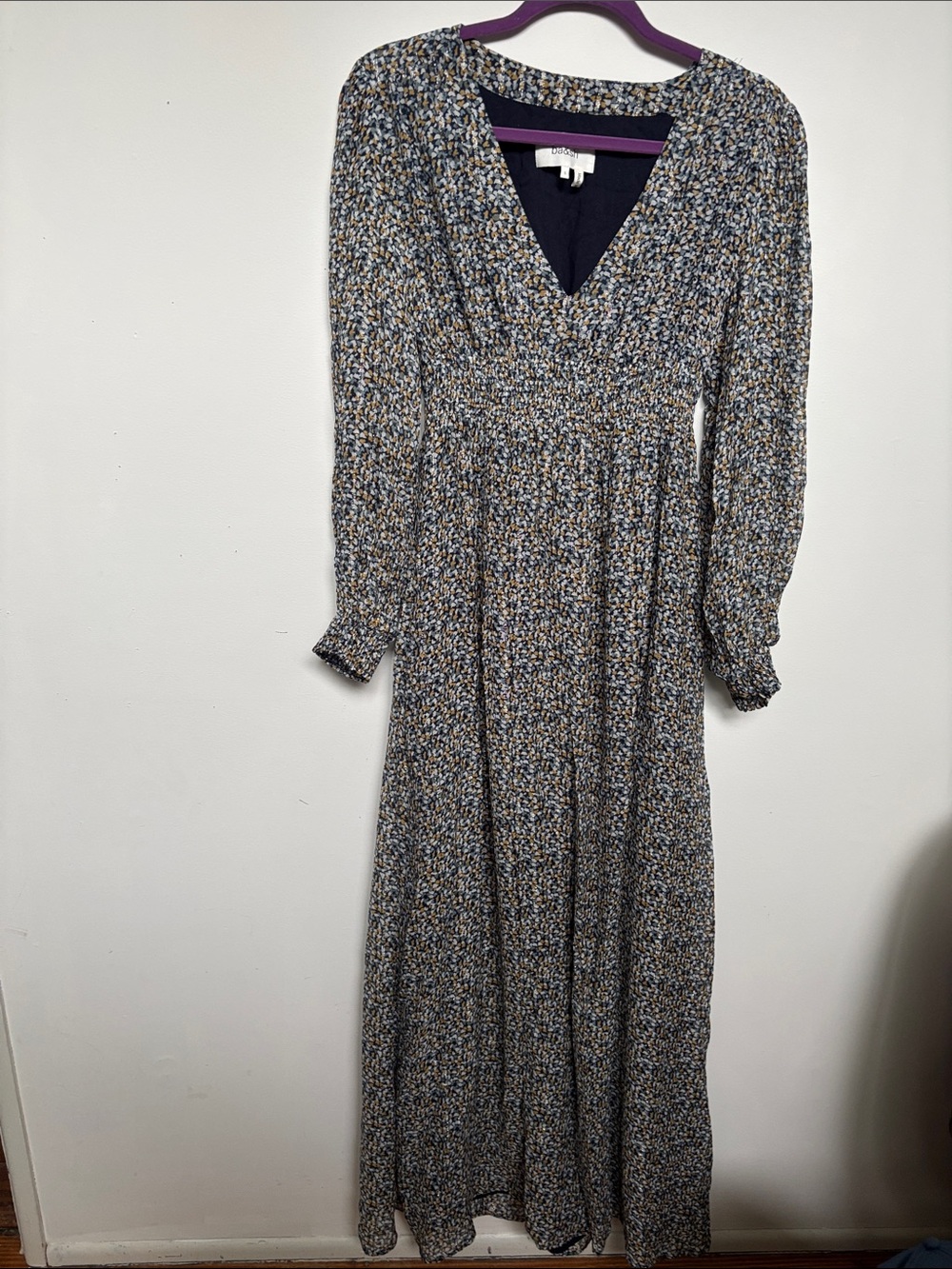 ba&sh Navy and Beige Floral Long Sleeve Maxi Dress with gold metallic threads